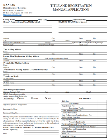 Fillable Form Kansas Vehicle Registration Tr 212A