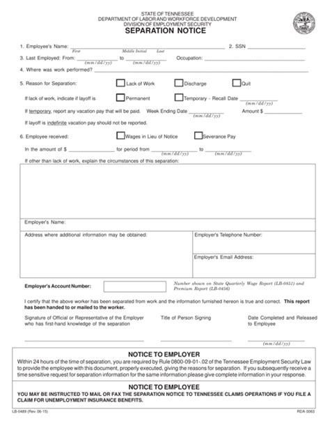 Fillable Form Lb 0489 Separation Notice Printable Pdf Download