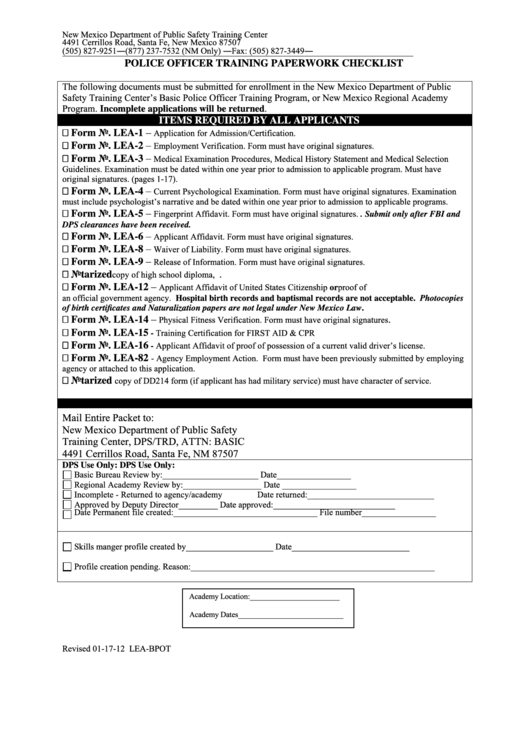 Fillable Form Lea Bpot Police Officer Training Paperwork Checklist