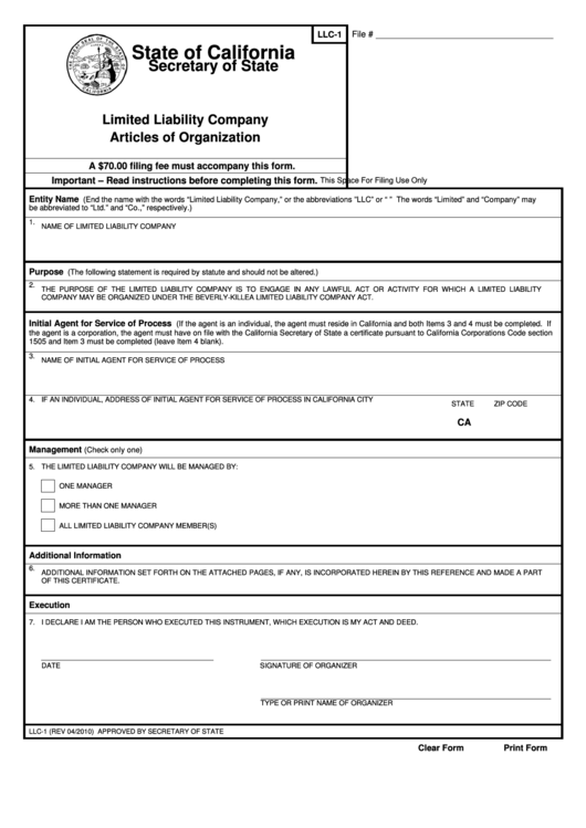 Fillable Form Llc 1 Limited Liability Company Articles Of Organization Printable Pdf Download