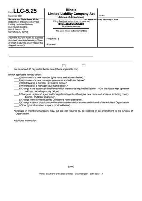 Fillable Form Llc 5 25 Illinois Limited Liability Company Act