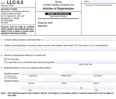 Fillable Form Llc 5 5 S Illinois Limited Liability Company Act Articles Of Organization