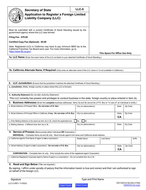 Fillable Form Llc 5 Application To Register A Foreign Limited Liability Company Llc 2014