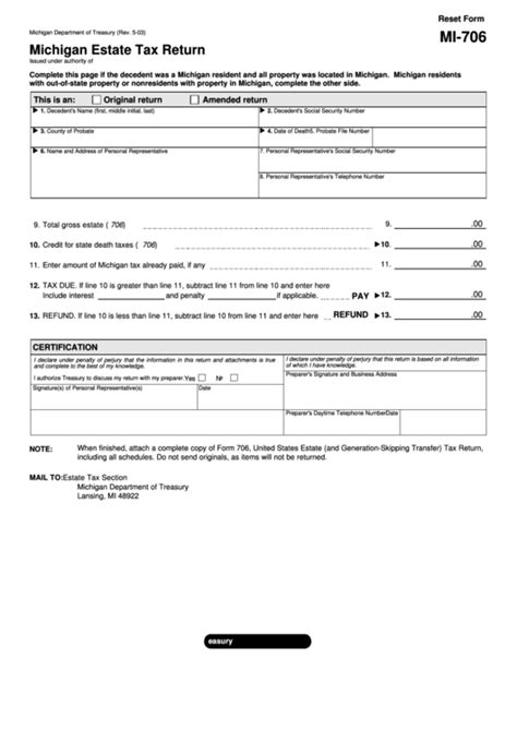 Fillable Form Mi 706 Michigan Estate Tax Return Printable Pdf Download Propertyrebate Net