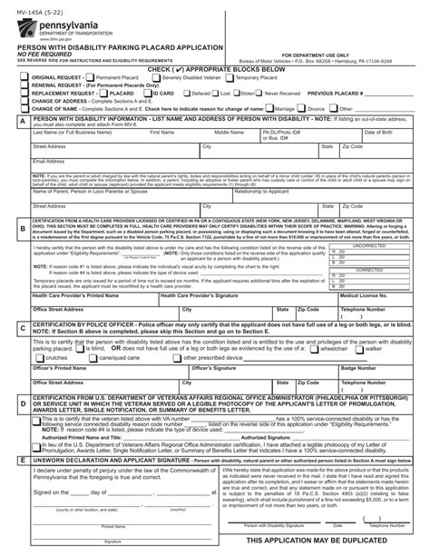 Fillable Form Mv 145A Person With Disability Parking Placard