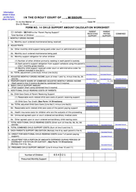 Fillable Form No 14 Child Support Amount Calculation Worksheet