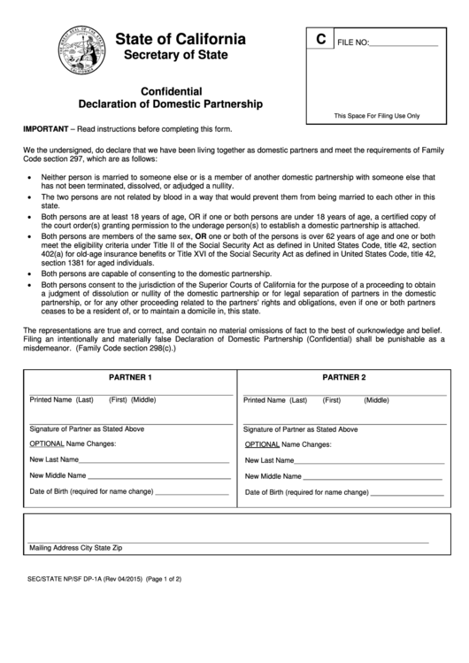 Fillable Form Np Sf Dp 1 Declaration Of Domestic Partnership