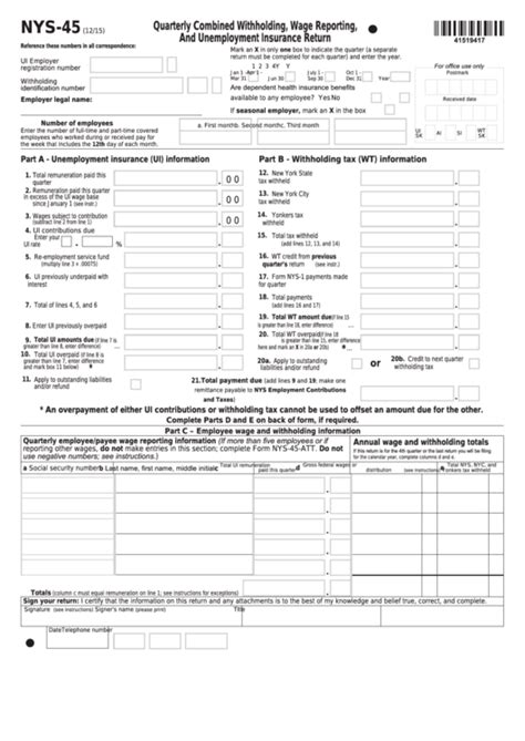 Fillable Form Nys 45 Quarterly Combined Withholding Wage Reporting And Unemployment