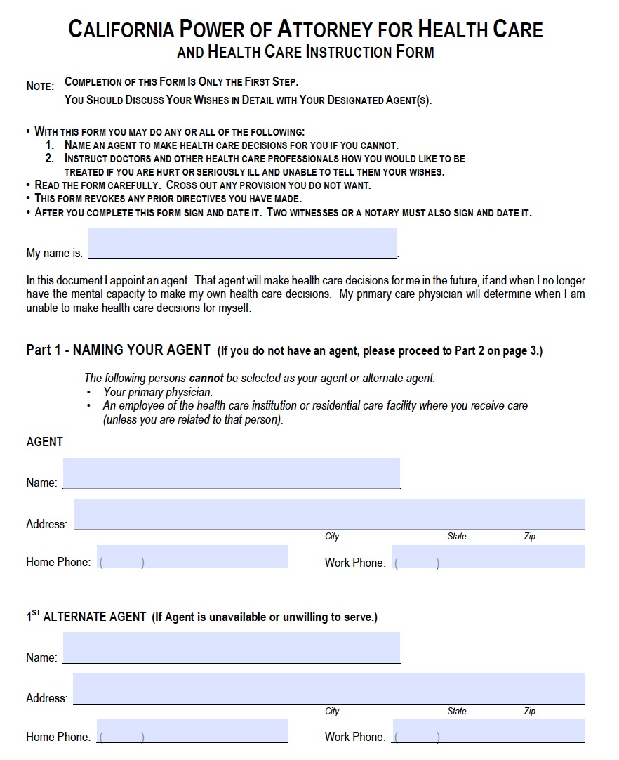 Fillable Form Power Of Attorney For Health Care In 2024 Power Of