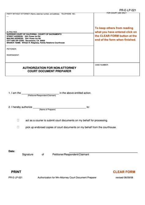 Fillable Form Pr E Lp 021 Authorization Form For Non Attorney Court Document Preparer