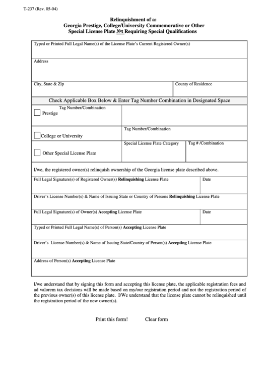 Fillable Form T 237 Relinquishment Of A Georgia Prestige College