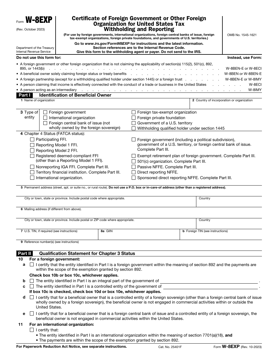 Fillable Form W 8Exp Certificate Of Foreign Government Or Other