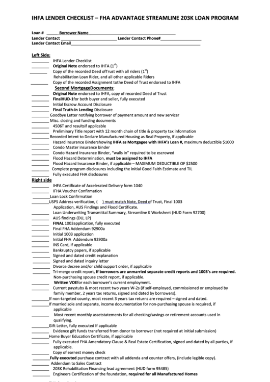 Fillable Ihfa Lender Checklist Fha Advantage Streamline 203K Loan