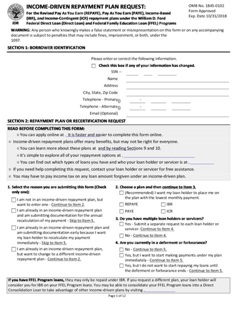 Fillable Income Driven Repayment Plan Request Printable Pdf Download