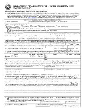 Fillable Indiana Request For A Child Protection Services Cps History Check Form Printable Pdf