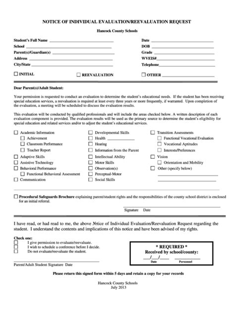 Fillable Notice Of Individual Evaluation Reevaluation Request Form