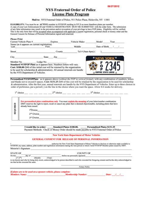 Fillable Nys Fraternal Order Of Police License Plate Program Application Printable Pdf Download