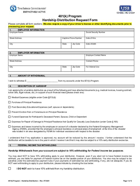 Fillable Online 401 K Program Hardship Distribution Request Form Fax