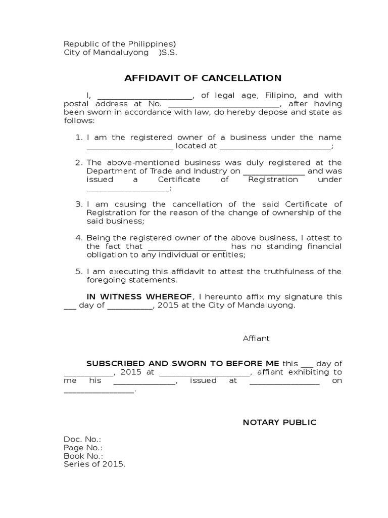 Fillable Online Affidavit For Cancellation Of Registration Fax Email