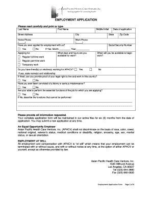 Fillable Online Aphcv Employment Application Please Read Carefully And