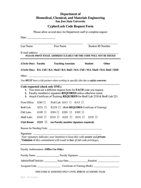 Fillable Online Bcme Sjsu Cyber Lock Request Form Biomedical