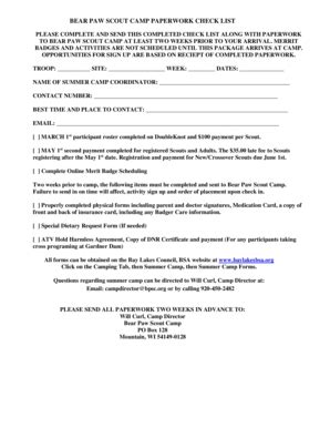 Fillable Online Bear Paw Scout Camp Paperwork Check List Bay Lakes