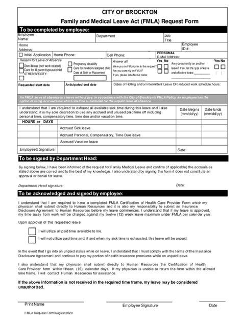 Fillable Online Brockton Ma Family And Medical Leave Act Fmla Request