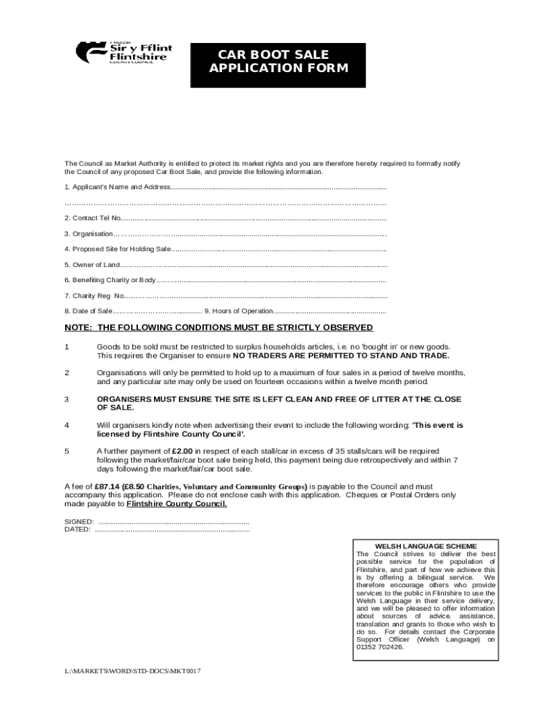 Fillable Online Car Boot Sale Application Form Pdf 90Kb New Window