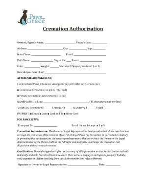 Fillable Online Cremation Authorization Paws Into Grace Fax Email