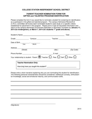 Fillable Online Csisd Gifted And Talented Nomination Form College