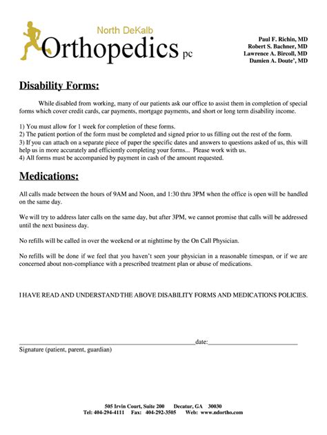 Fillable Online Disability Forms Medications North Dekalb Orthopedics