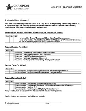 Fillable Online Employee Paperwork Checklist Champion Summer Camp Fax