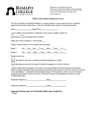 Fillable Online Fmla Intermittent Absence Form Ramapo College Fax