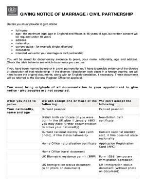 Fillable Online Giving Notice Of Marriage Civil Partnership Fax Email