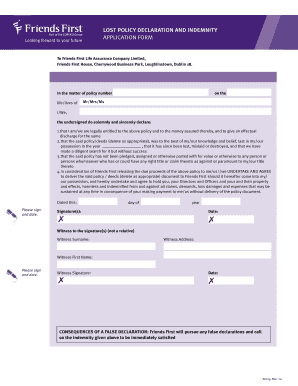 Fillable Online M Lost Policy Declaration And Indemnity Application