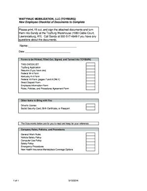 Fillable Online New Employee Paperwork Checklist Xlsx Fax Email Print