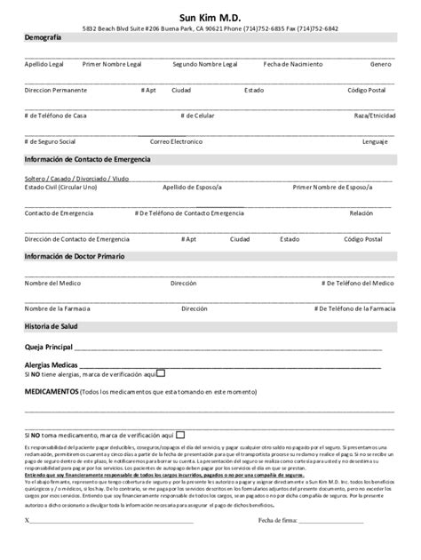 Fillable Online New Patient Paperwork Spanish Pdf Sun Kim Md Fax