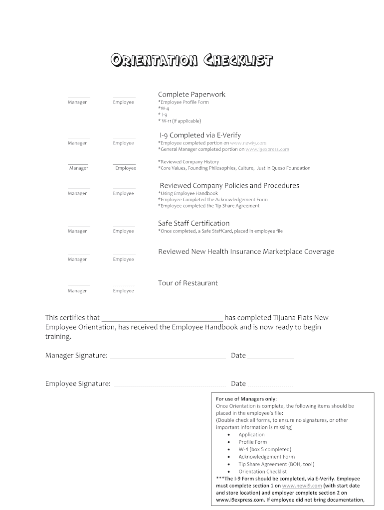 Fillable Online Orientation Checklist Complete Paperwork Manager Employee Employee Profile Form