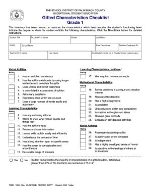 Fillable Online Palmbeachschools Gifted Characteristics Checklist Grade