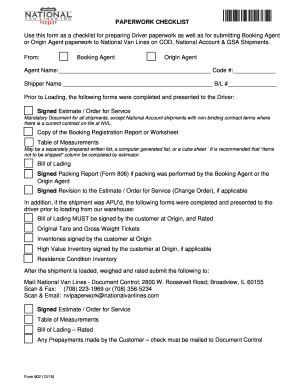 Fillable Online Paperwork Checklist National Van Lines Inc Fax