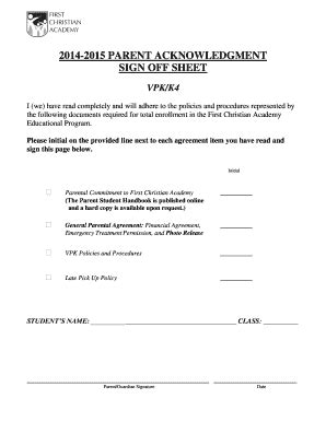 Fillable Online Parent Acknowledgment Sign Off Sheet Fax Email Print