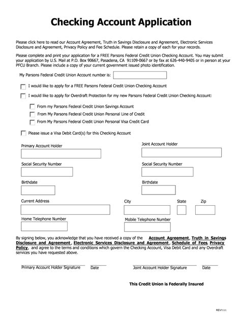 Fillable Online Parsonsfcu Checking Account Application Parsonsfcuorg