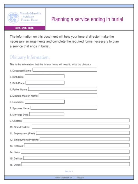 Fillable Online Planning A Service Ending In Burial 866 2657888 The