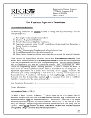 Fillable Online Regis New Employee Paperwork Procedures Rc Rhchpdoc