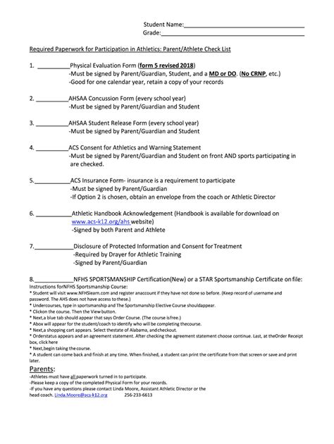 Fillable Online Required Paperwork For Participation In Athletics Parent Athlete Check List Fax