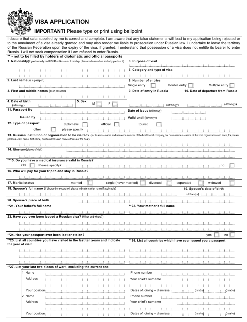 Fillable Online Russian Visa Russia Visa Types And Application