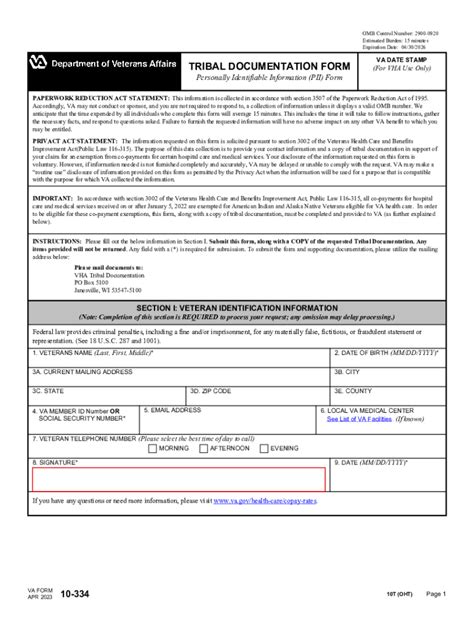 Fillable Online Va Form 10 334 Tribal Documentation Form Fax Email