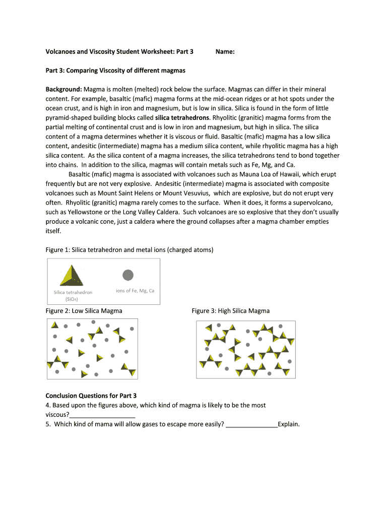 Fillable Online Volcanoes And Viscosity Student Worksheet Windows To