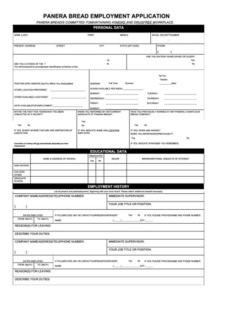 Fillable Panera Bread Job Application Form Printable Pdf Download