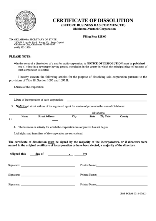 Fillable Sos Form 0018 Certificate Of Dissolution Before Business